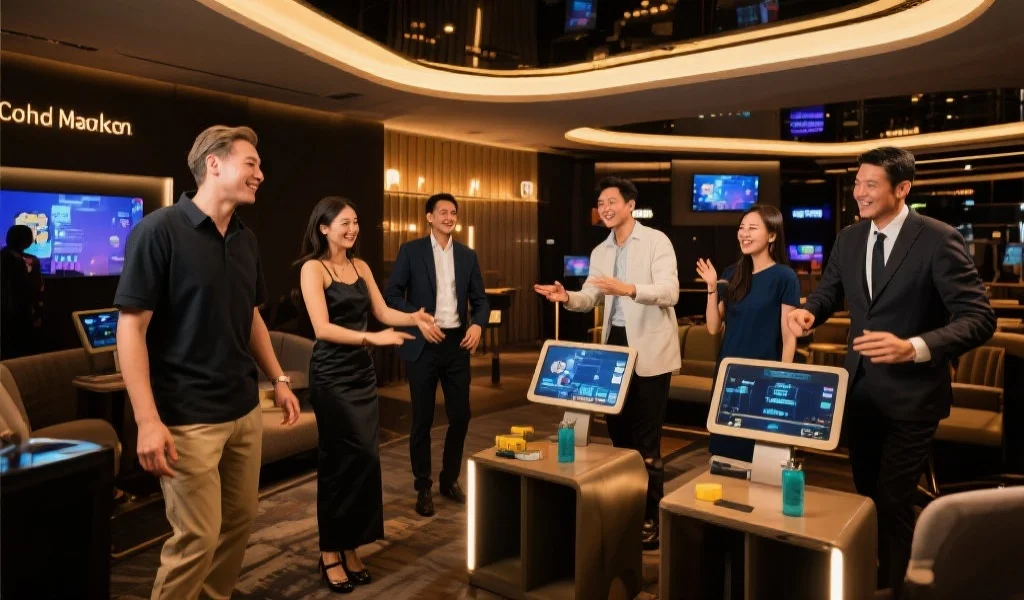 高端娱乐空间内，几位会员正愉快地参与互动体验活动，展现活跃氛围和专属优待
